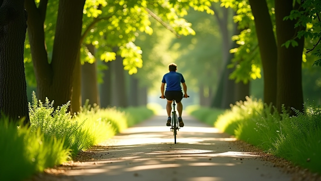 Cyklista jeżdżący po alejce wysadzanej drzewami, jesienny krajobraz